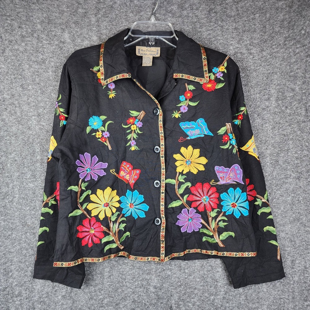 New Direction Embroidered Jacket Womens L Black Floral Butterfly Linen Blend